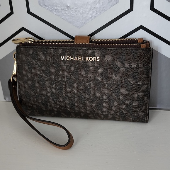 Michael Kors Jet double zip wristlet brown/tan leather - Picture 2 of 5
